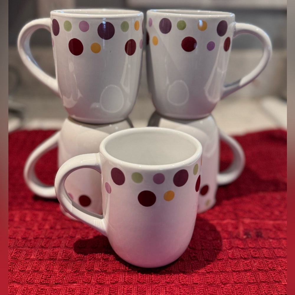 Set of 5 Pampered Chef Polka Dots Cup Mug Purple Red Green Yellow